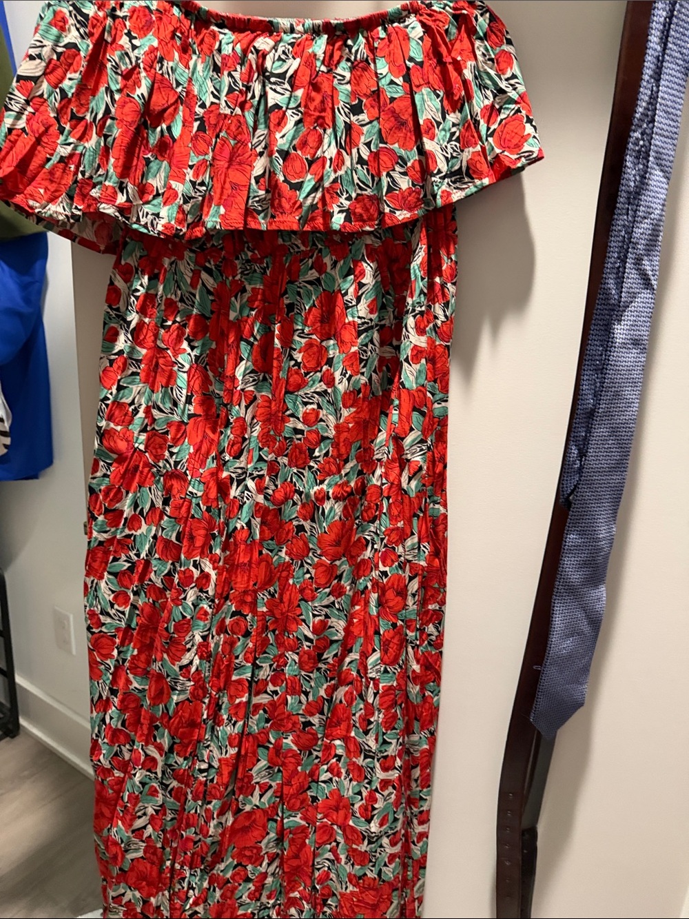 Off-Shoulder Red Floral Maxi Dress